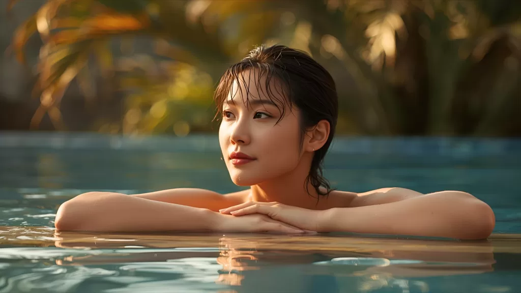 Lady enjoying a calm moment in the pool