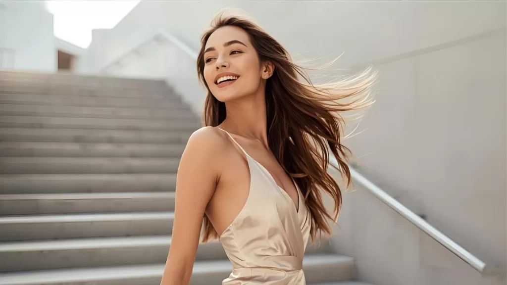 Fashion model in formal day dress.