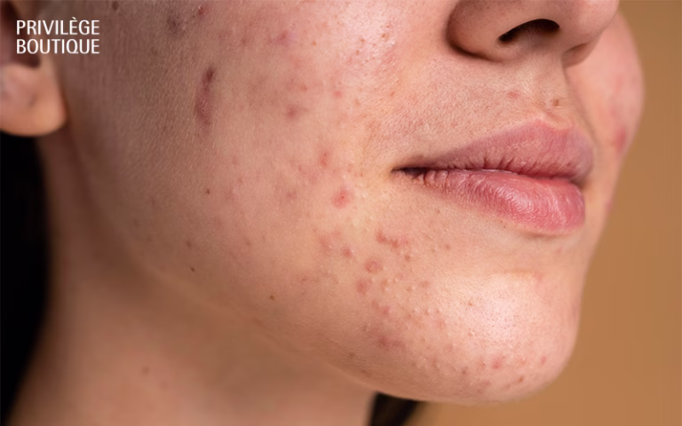 Close-up of woman's chin showing adult acne and blemishes.