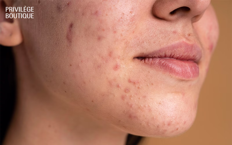 Close-up of woman's chin showing adult acne and blemishes.