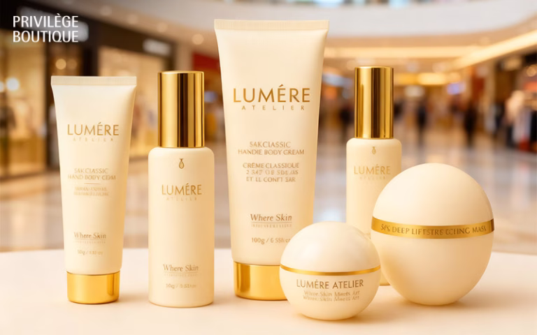 Lumière Atelier luxury skincare products displayed inside a shopping mall boutique.