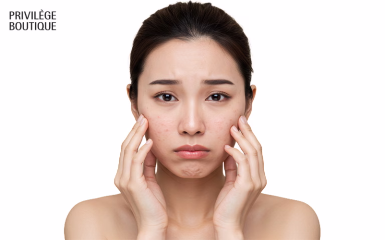 Person touching red, blemished cheeks with concerned expression against plain white background
