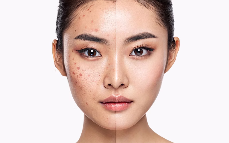 Split face showing early signs of ageing vs rejuvenated skin.