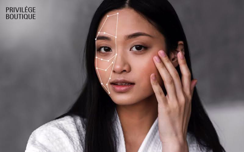 A smiling woman faces the camera with a facial recognition grid overlay on her face.