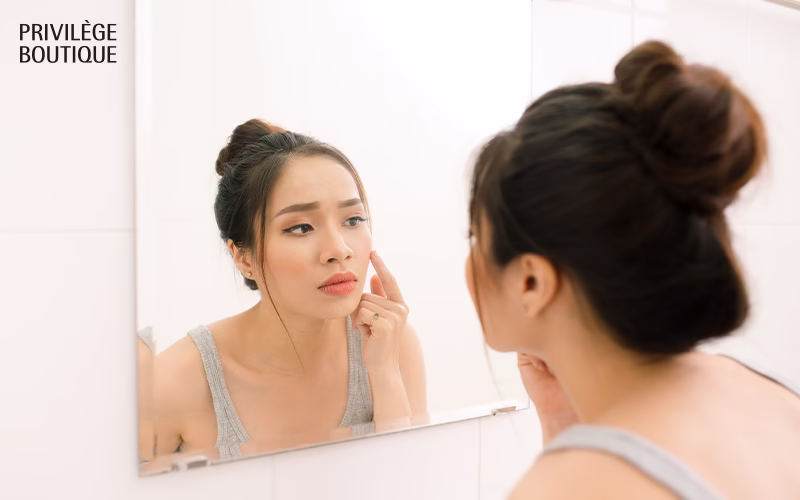 A woman in a white robe looks concerned while examining her face in a handheld mirror, touching her cheek as she checks her skin.