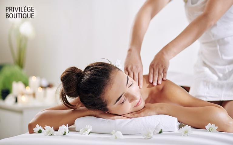 Woman receiving a professional back massage for stress relief.