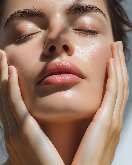 Woman applying lipstick and skincare mask.